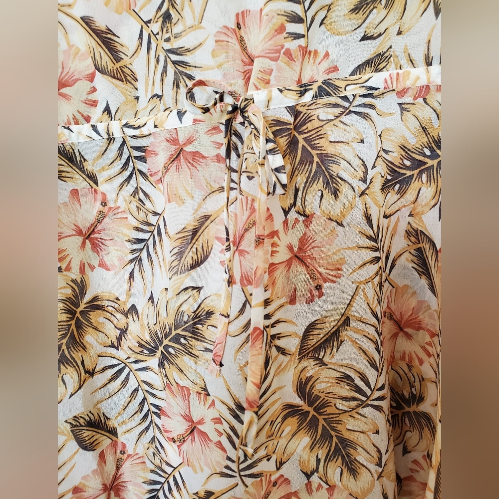 Simon Chang XL Tropical Print Sheer Long Sleeve Blouse w button cuffs & tie back - Picture 9 of 9